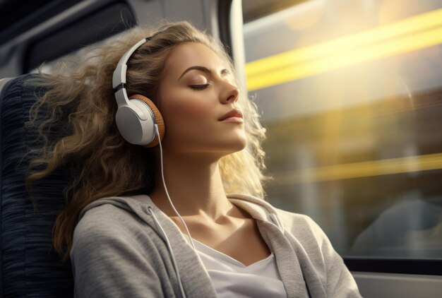 Young woman with headphones relaxing during a train trip