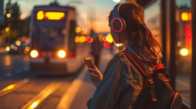 Photo young woman with headphones stands at evening tram station waiting for transportation