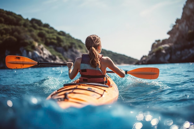 A young woman with her back turned paddles in her sea adventure kayak Ai generated