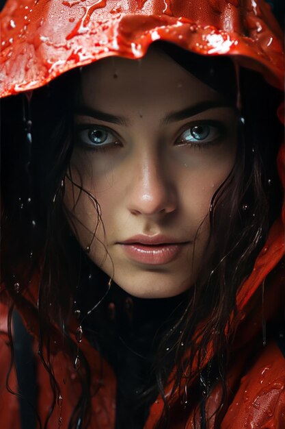 a young woman with her coat down in the rain in the style of light red and red