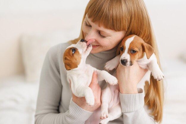 Young woman with her cute Jack Russell Terrier in a chair at home white pet