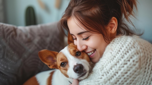 Photo young woman with her cute jack russell terrier at home lovely pet