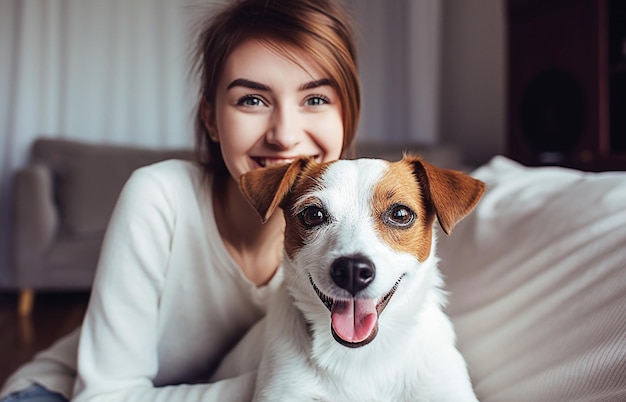 Young woman with her dog Jack Russell Terrier at home