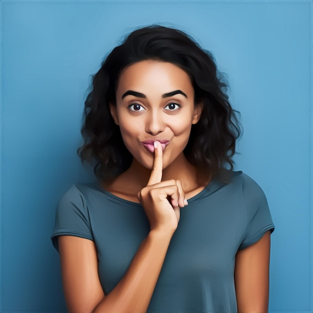 Photo young woman with her index finger placed on her lips asking keep quiet