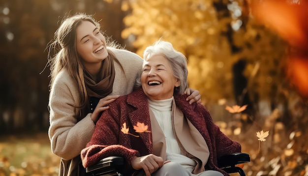 Photo young woman with her mother in wheelchair in park wearing winter clothing and walking