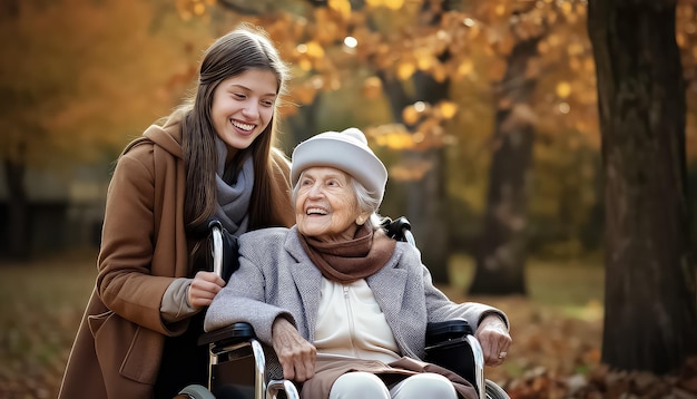 Young woman with her mother in wheelchair in park wearing winter clothing and walking