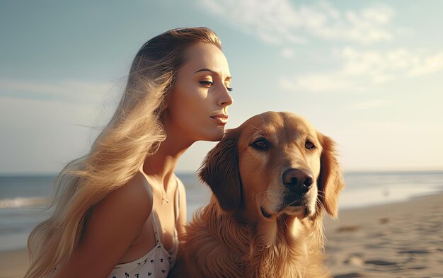 Premium AI Image | young woman with her retriever at the beach ...