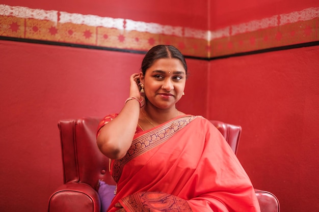 Young woman with Hindu culture sitting waiting for her marriage Concept wedding culture happiness