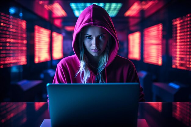 Young woman with a hood on her head in front of laptop screen