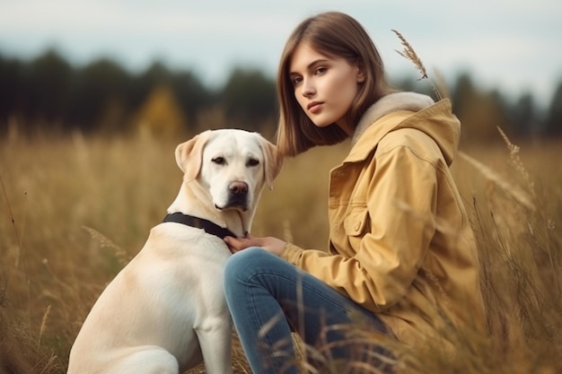 ラブラドールレトリバー犬と緑の草の上の屋外の女性を持つ若い女性