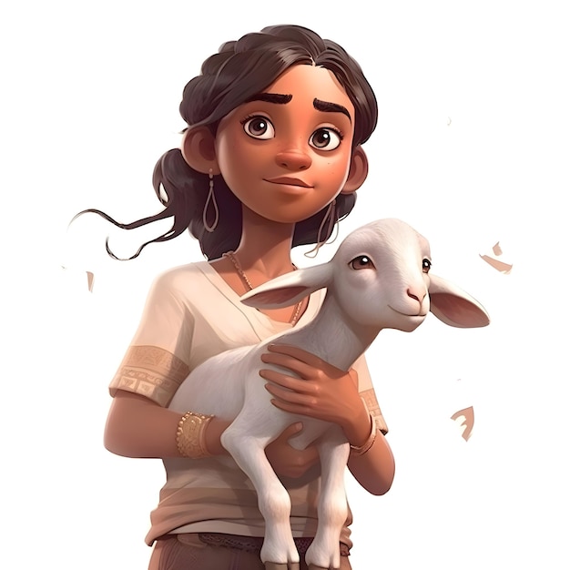 白い背景の 3 d レンダリングに子羊を持つ若い女性