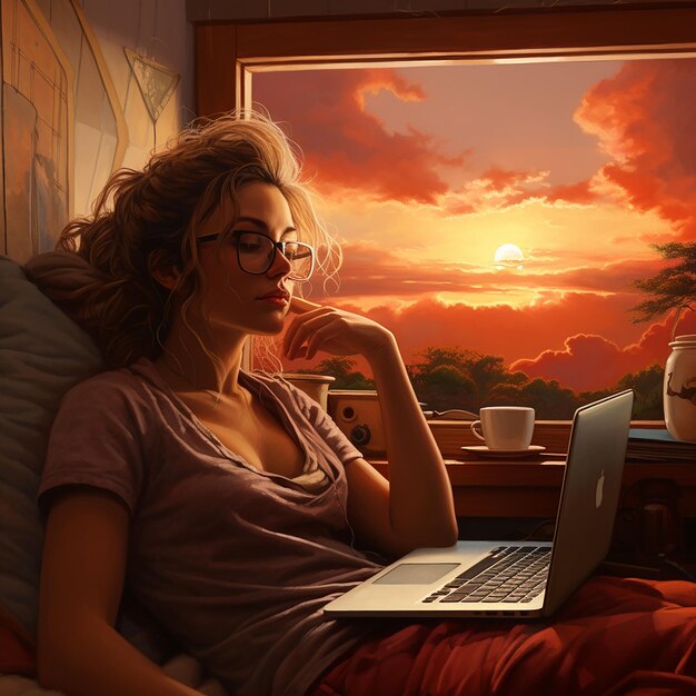 Young woman with laptop and cup of coffee in bed at sunset