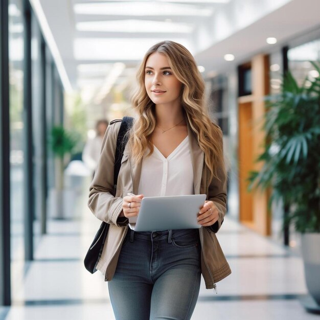 Photo young woman with laptop looking away while walking at corridor