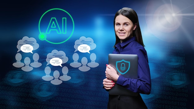 young woman with laptop looking at camera concept of online communication use of artificial intelligence information security protection social network partnership communication group work leisure
