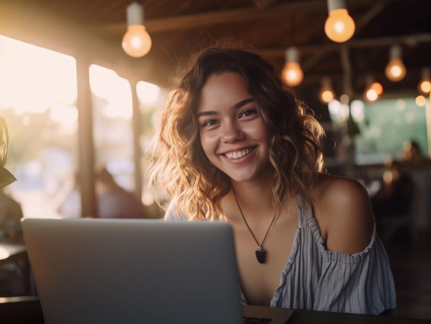 Photo young woman with a laptop smiling for the camera in a indoor cafe setting. ai-generated.