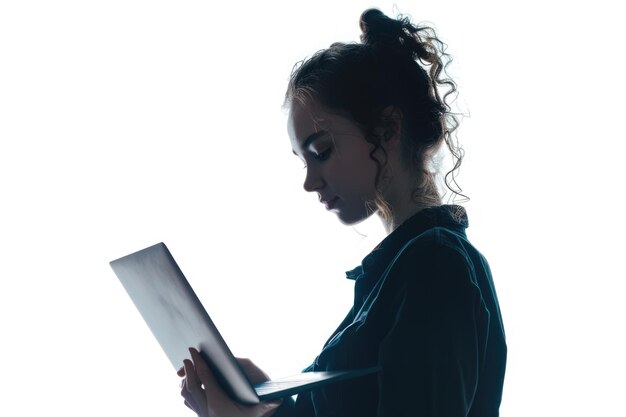 Young woman with laptop on white background