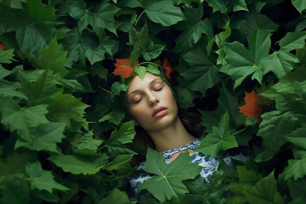 Foto giovane donna con le foglie nei capelli sdraiata nel giardino verde