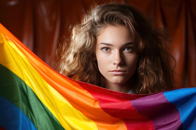 LGBT旗を掲げた若い女性が同性愛者に対する差別と闘う
