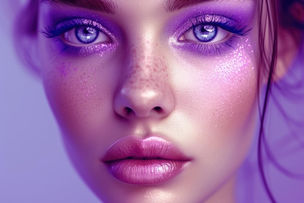 Young woman with lilac eye makeup and perfect skin