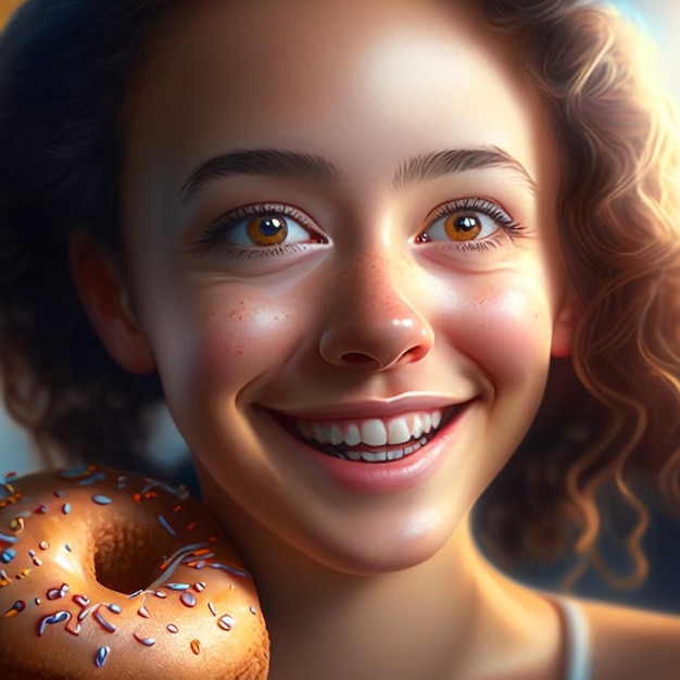 young woman with little smiling wearing underpants and topic with donut