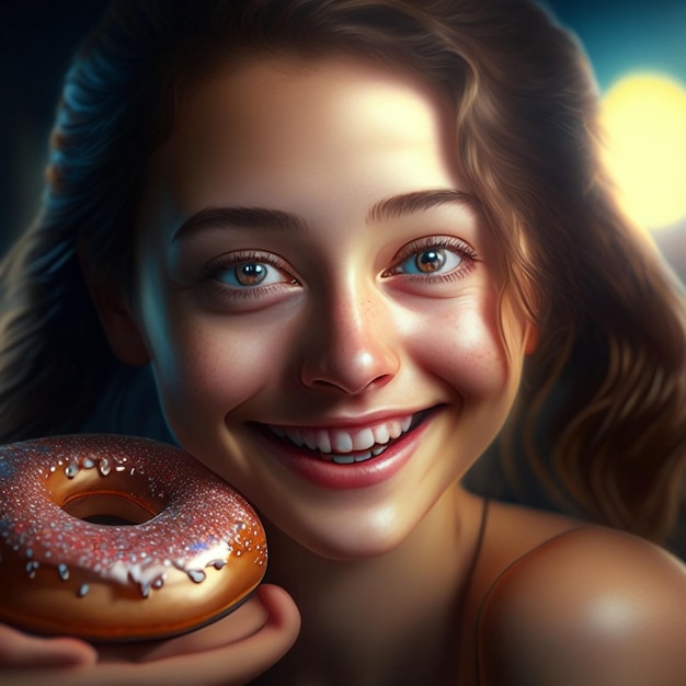 young woman with little smiling wearing underpants and topic with donut