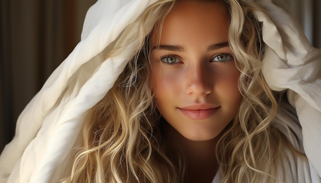 Photo young woman with long blond hair smiling at the camera generated by artificial intelligence