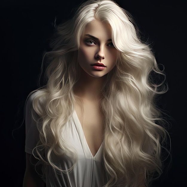 Young woman with long blonde hair on dark background