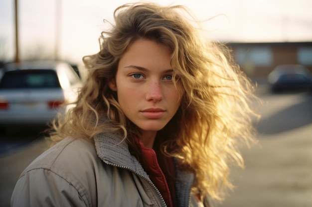 a young woman with long blonde hair standing in front of a parking lot