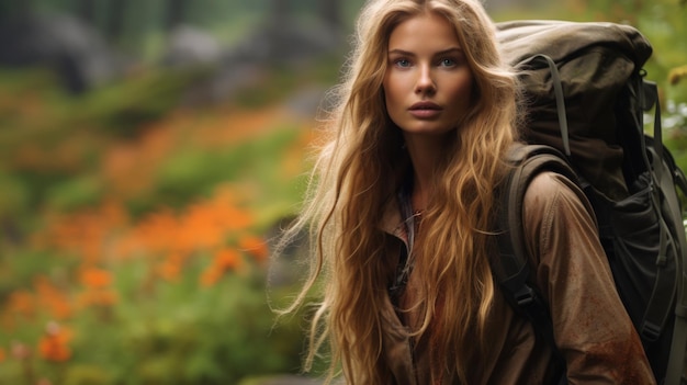 Фото Молодая женщина с длинными светлыми волосами стоит в живописной лесистой среде