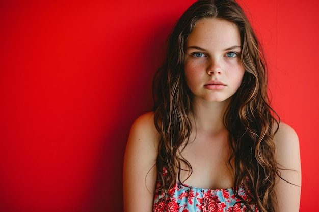 A young woman with long brown hair and blue eyes is posing against a red wall