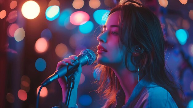 A young woman with long brown hair is singing into a microphone She is wearing a blue dress and has her eyes closed