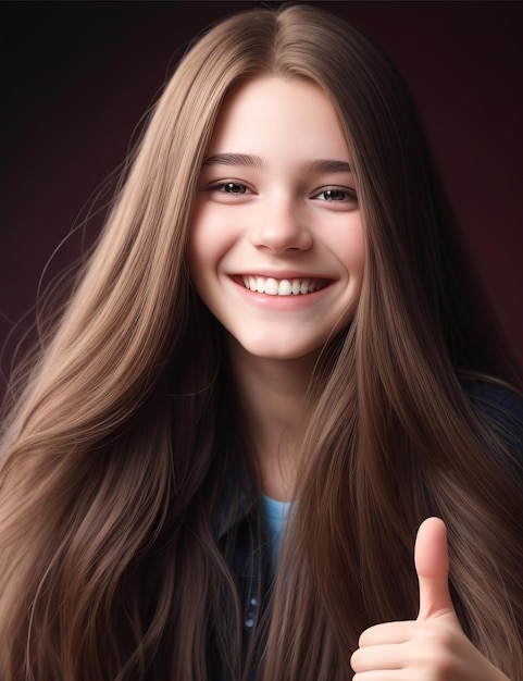 young woman with long brown hair smiling and giving thumbs up