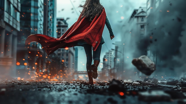 Photo a young woman with long brown hair wearing a red cape walks away from the camera through a destroyed city