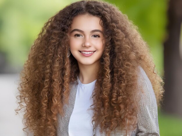 Young woman with long curly hair looking at camera outdoors