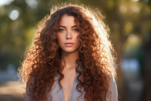 Young woman with long curly hair looking at the camera