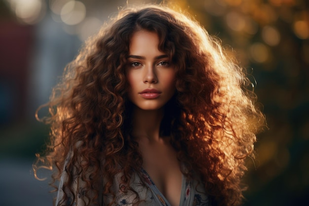 Young woman with long curly hair looking at the camera