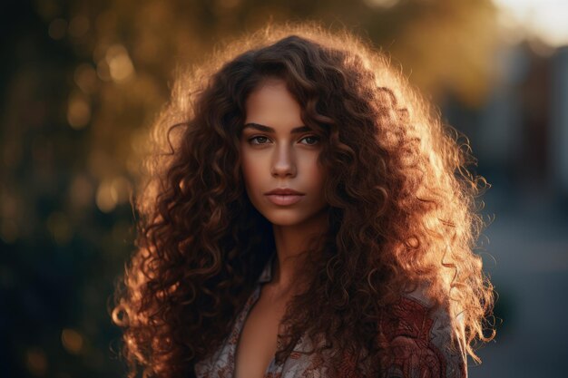 Young woman with long curly hair looking at the camera