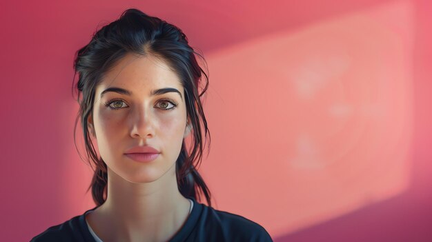 Foto una giovane donna con i capelli lunghi e scuri e il trucco chiaro guarda la telecamera con un'espressione seria