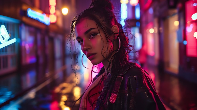 A young woman with long dark hair stands in the rain She is wearing a black leather jacket and a red dress