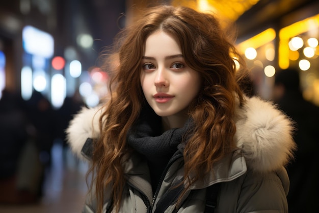 a young woman with long hair in the city at night