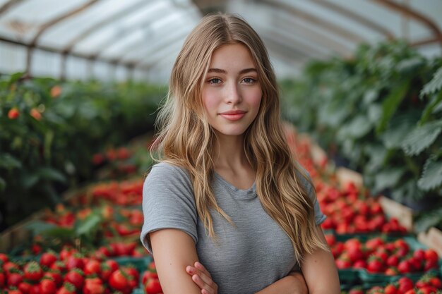 イチゴの温室にいる長い髪の若い女性