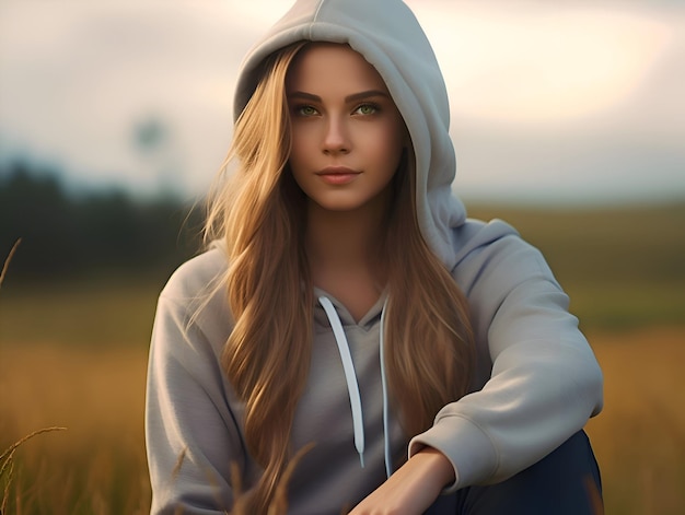 A young woman with long hair and a hoodie sits in a field