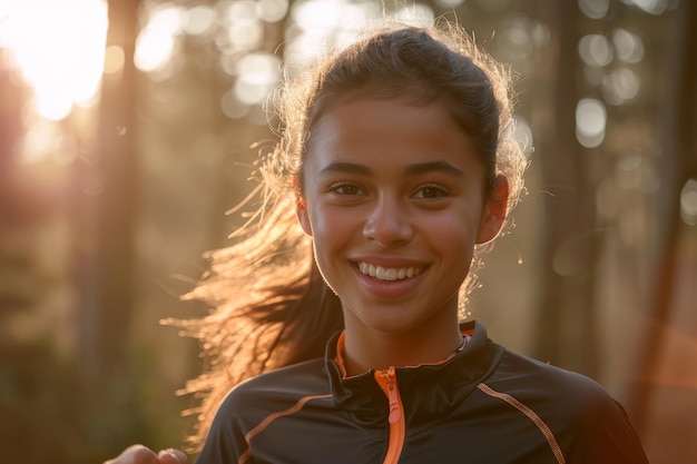 A young woman with long hair is smiling and wearing an orange jacket