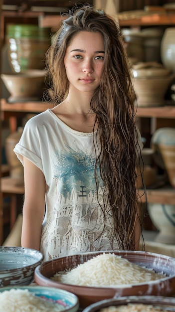 Photo young woman with long hair posing in artisan workshop amongst ceramic bowls filled with rice