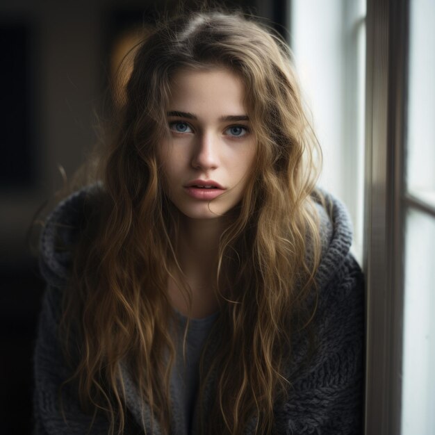 a young woman with long hair sitting by the window