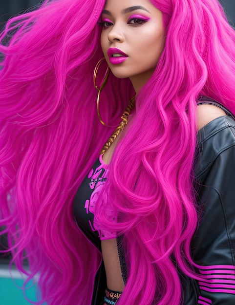 young woman with long pink hair