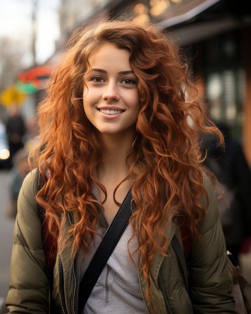 a young woman with long red curly hair standing on the street