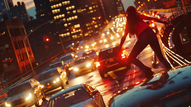 사진 긴 빨간 머리 검은 청바지와 빨간 셔츠를 입은 젊은 여성이 두 방향으로 가는 자동차와 함께 바쁜 비는 시간 도시 거리의 한가운데에서 롤러블레이딩