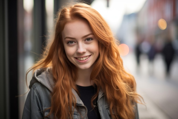 a young woman with long red hair smiling