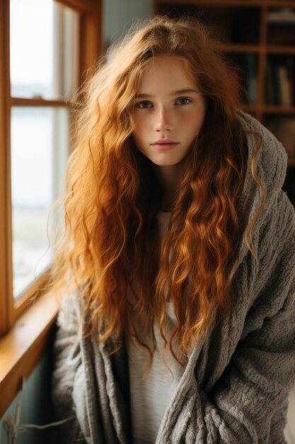 a young woman with long red hair standing in front of a window